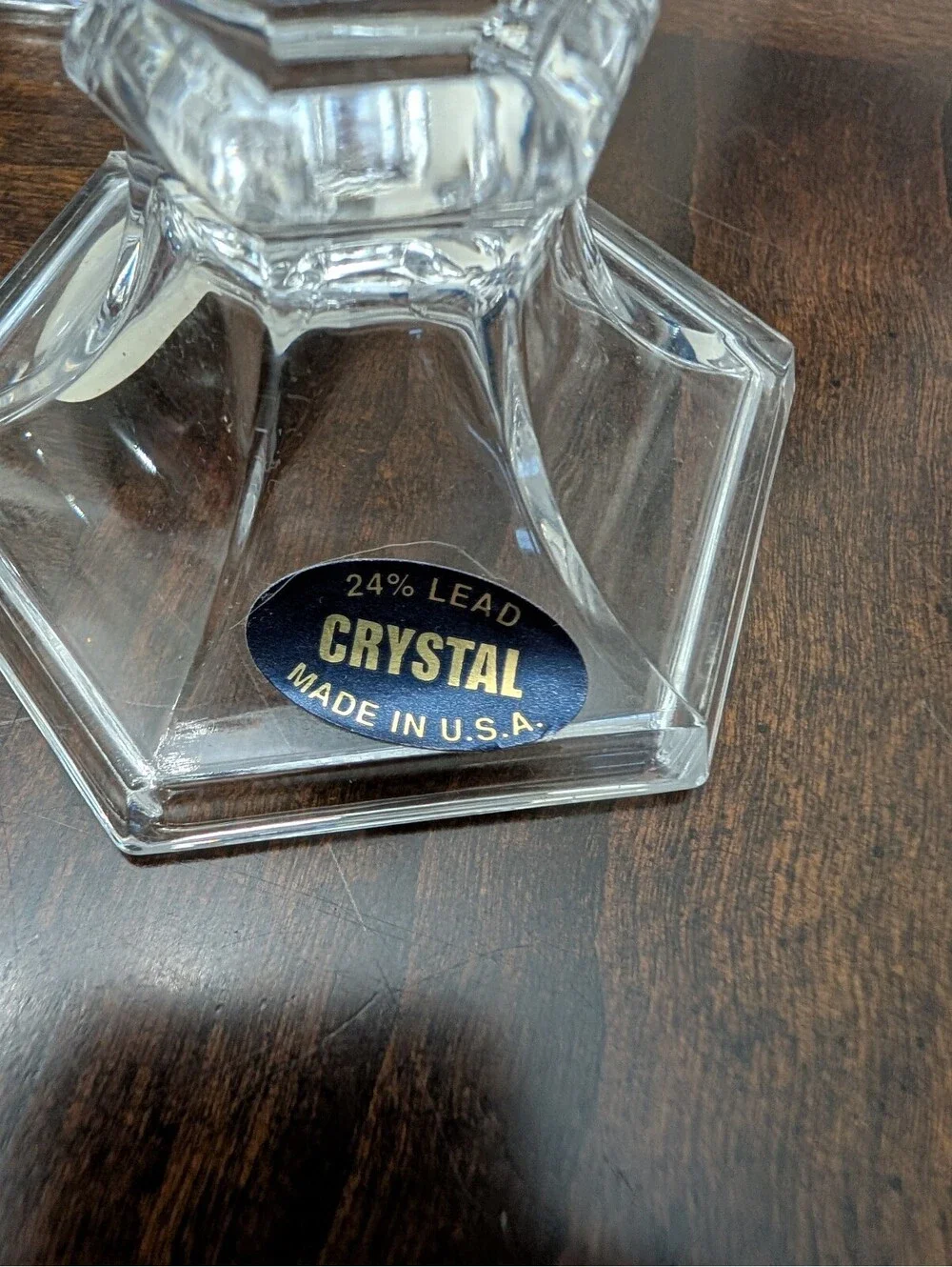 Set of 2 Hexagon Base 24% Lead Crystal Taper Candlesticks Made in U.S.A.